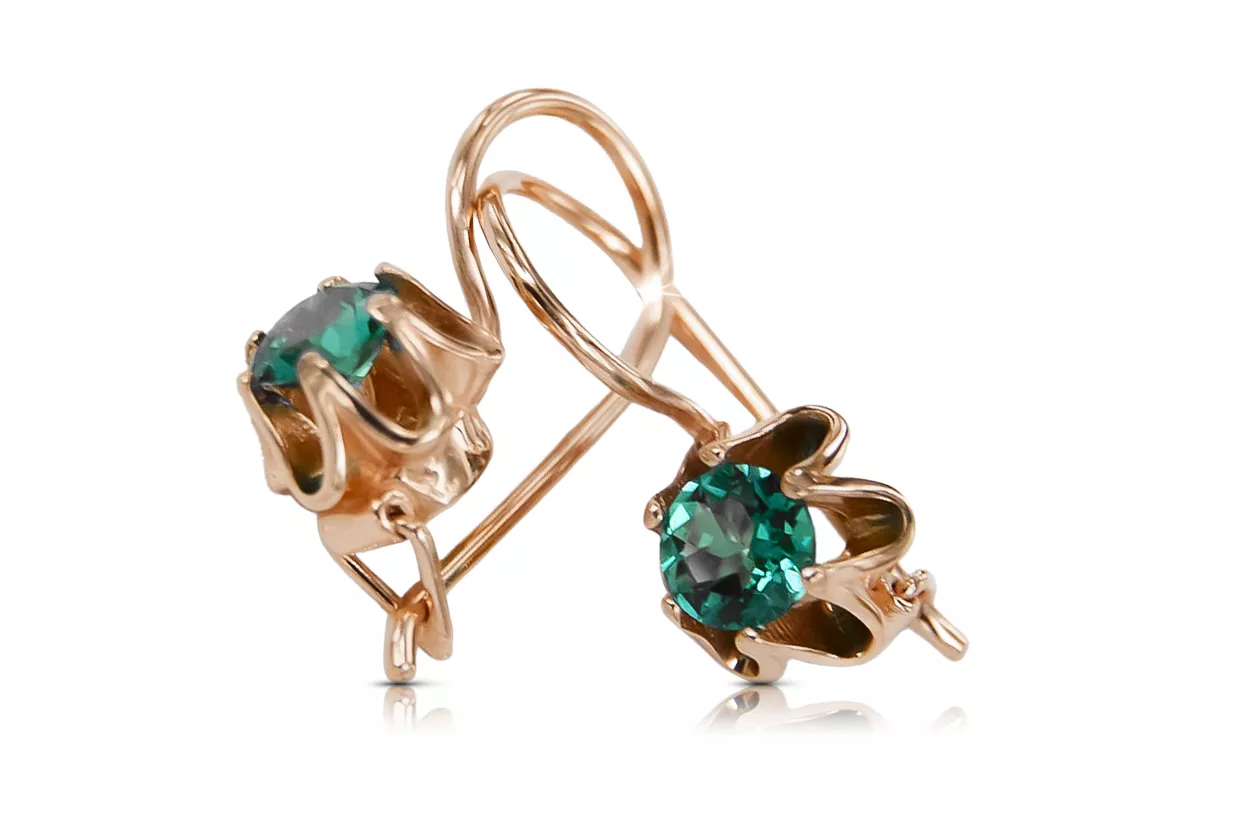 Or rose rouge 14 carats 14k 583 Emerald des boucles d'oreilles vec013 Russe Soviétique URSS Vintage Art Deco style